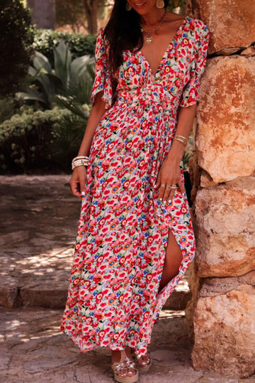 Red Floral Half Sleeve Deep V Neck Cutout Back Split Maxi Dress BB Fashion Outlet