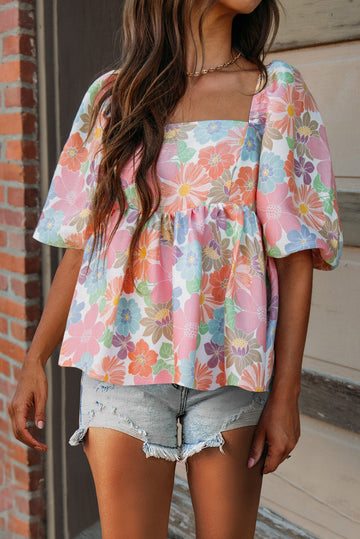 Pink Floral Puff Sleeve Square Neck Babydoll Blouse BB Fashion Outlet