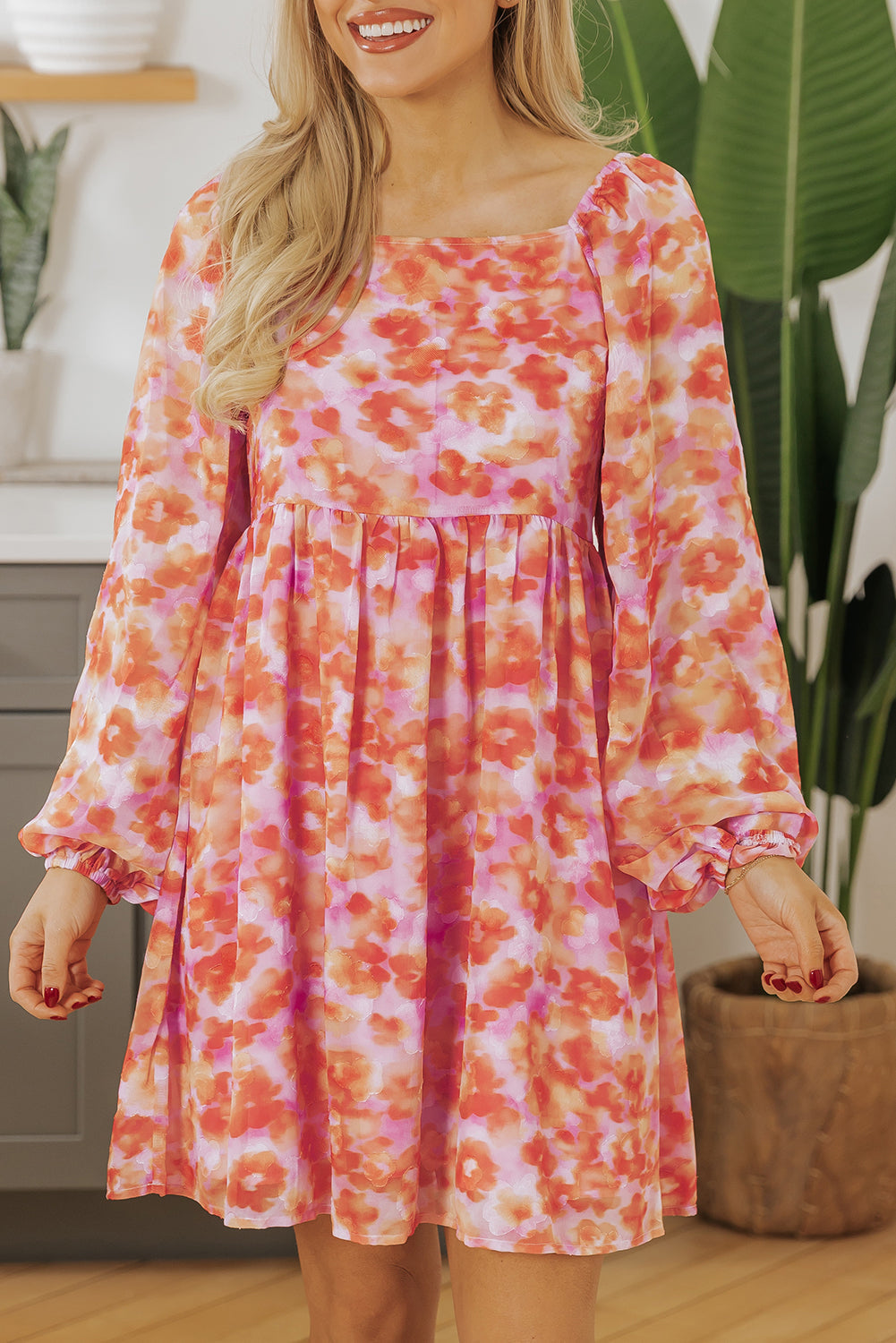 Rose Floral Print Square Neck High Waist Mini Dress eAura