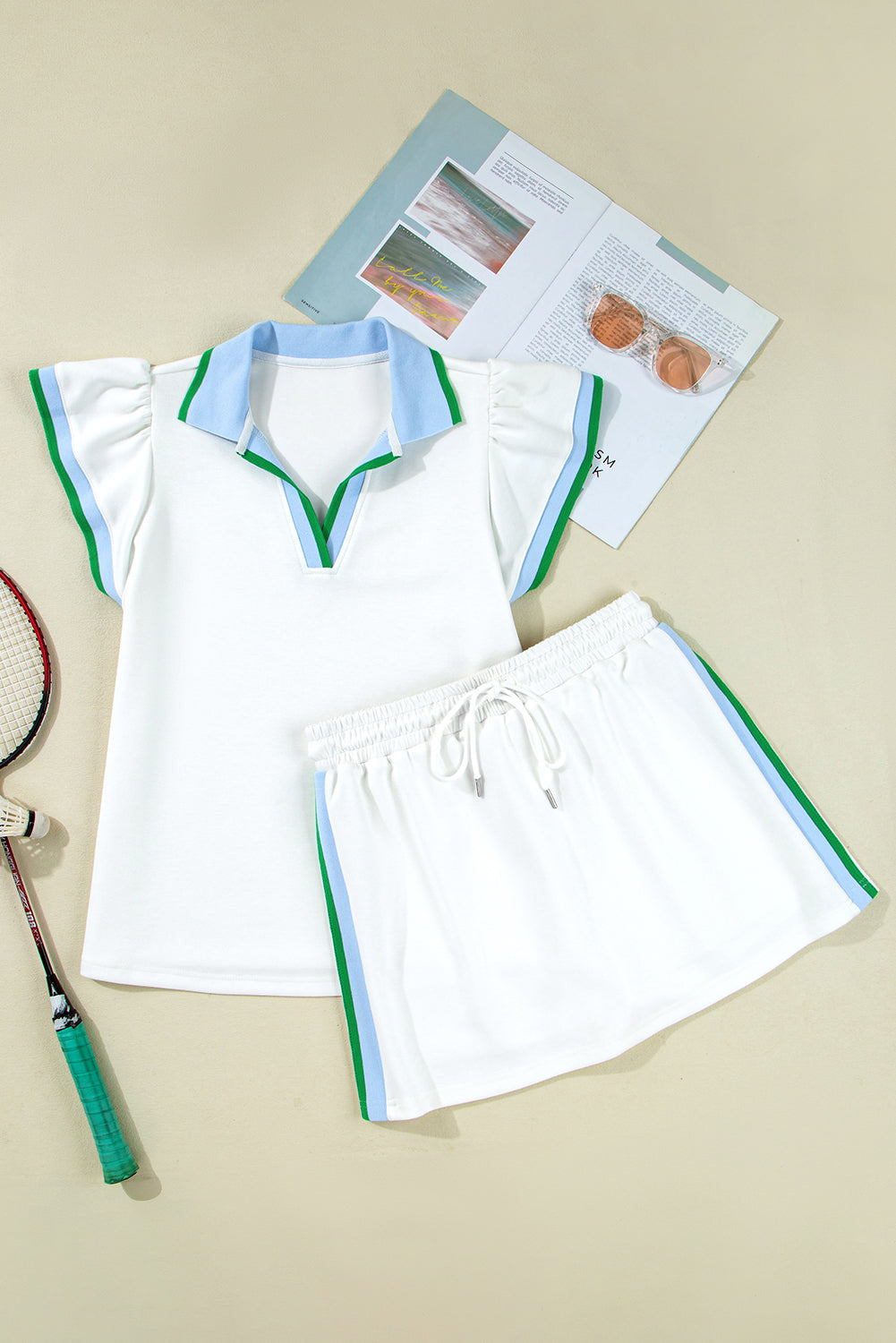 White Colourblock Edge Cap Sleeve Collared Top 2 Piece Skirt Set eAura