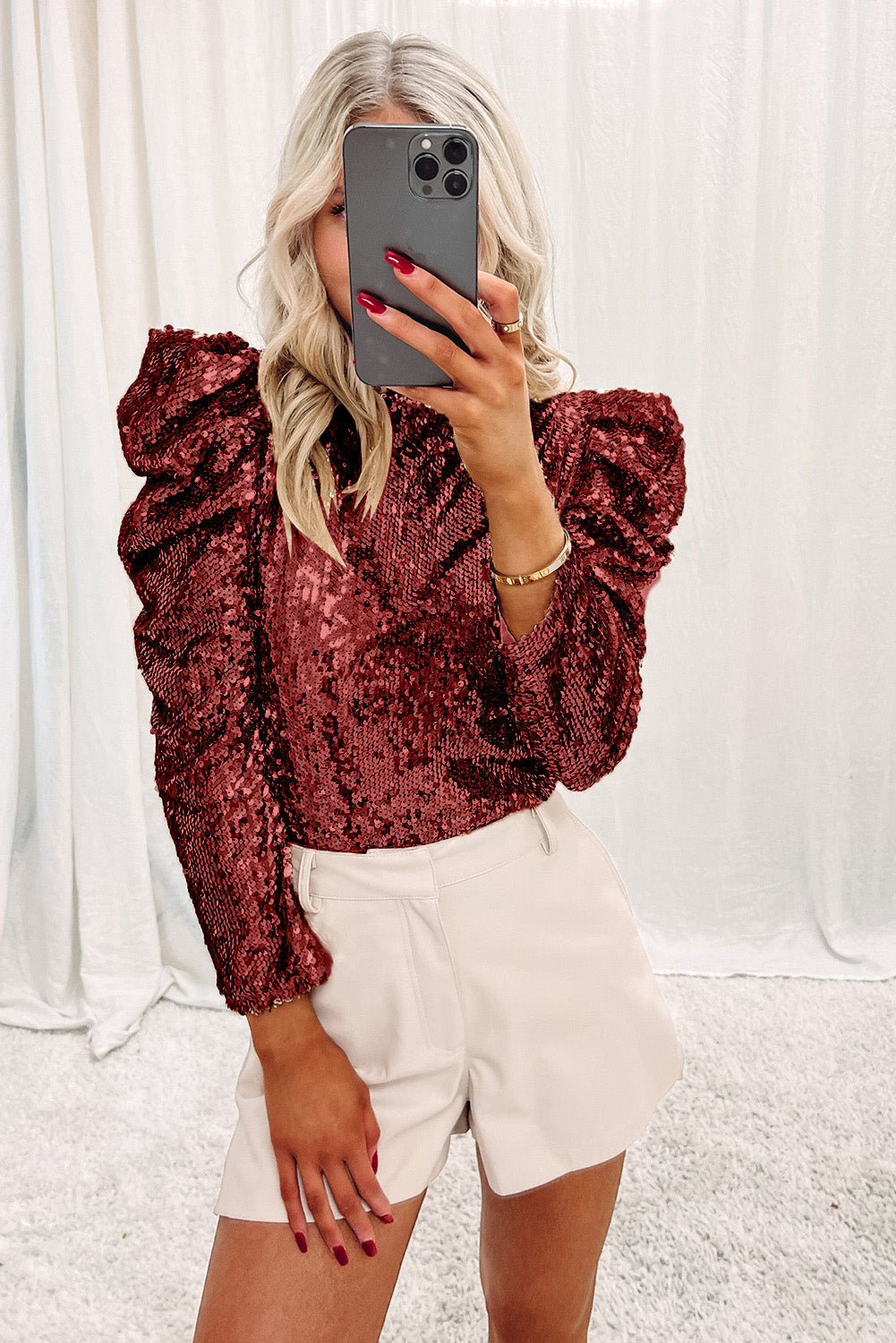 Apricot Sequin Mock Neck Bubble Sleeve Top eAura