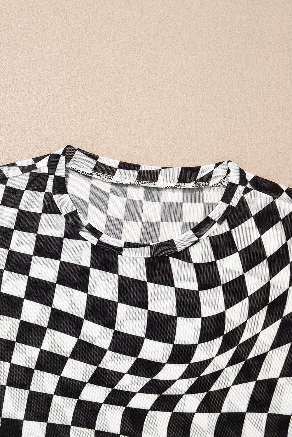 Black Checker Mesh Crew Neck T Shirt eAura