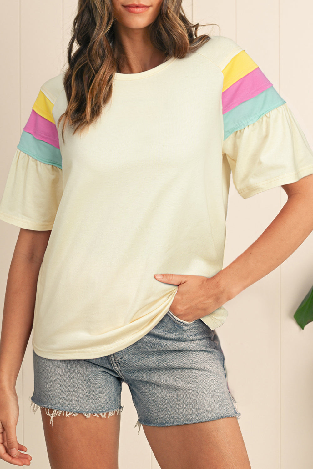 White Colour Block Stitched Sleeve Loose T Shirt eAura