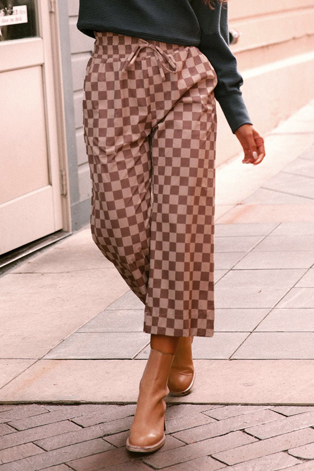 Checkered Elastic High Waist Loose Casual Trousers eAura
