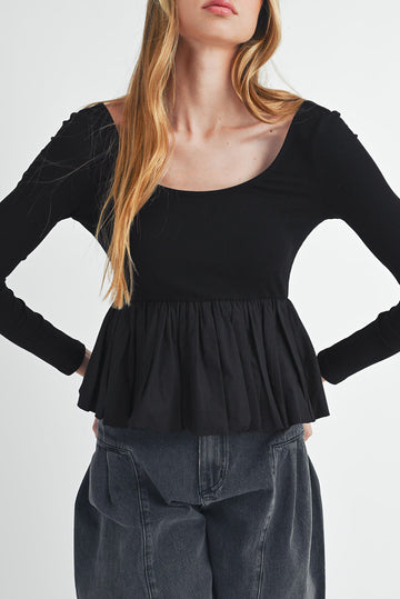 Black Ribbed Knit Long Sleeve Scoop Neck Peplum Patchwork Top BB Fashion Outlet