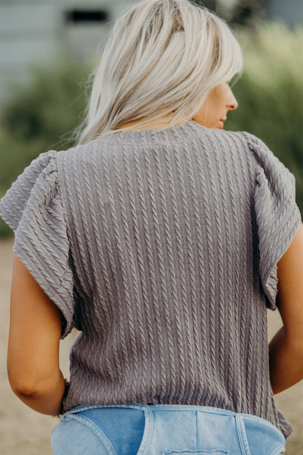 Sleet Solid Colour Textured Flutter Sleeve Top eAura