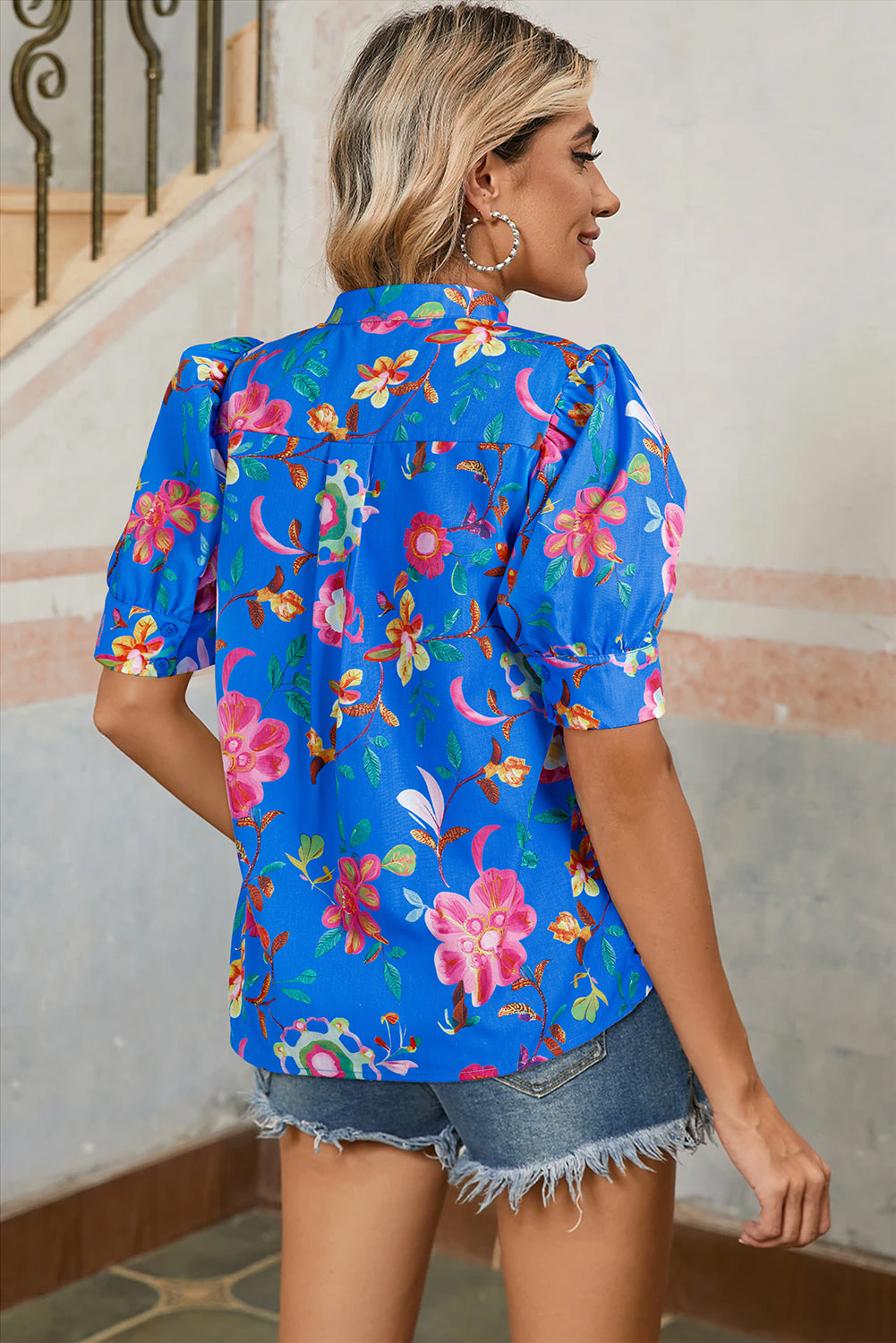 Blue Floral Short Puff Sleeve Button Up Shirt eAura