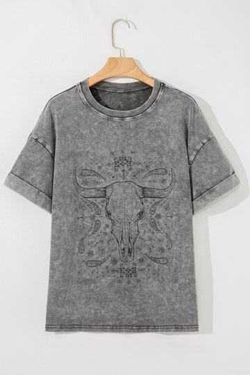 Light Grey Western Steer Head Tie Dye Print Crew Neck T Shirt eAura