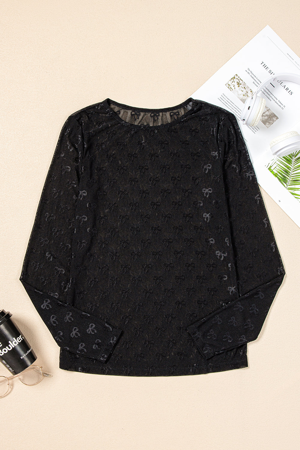 Black Mesh Bow Pattern Long Sleeve Top eAura