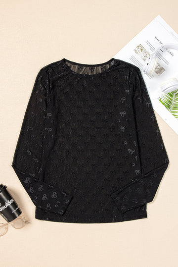 Black Mesh Bow Pattern Long Sleeve Top eAura