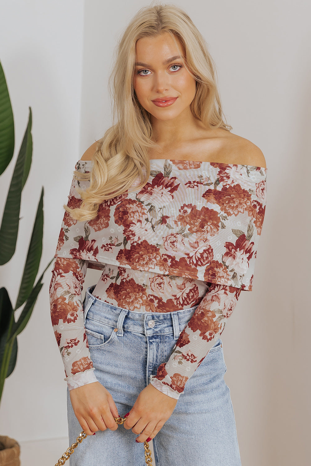 Pink Floral Printed Long Sleeve Sheath Bodysuit eAura