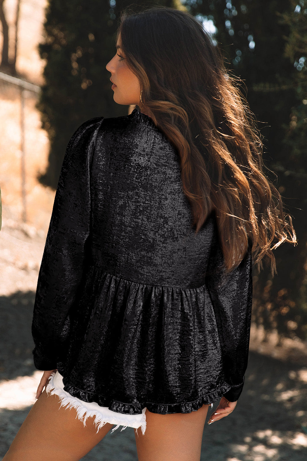 Black Metallic Frilled V Neck Puff Sleeve Babydoll Blouse eAura
