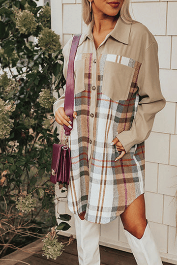 Khaki Plaid Patchwork Long Sleeve Shirt Mini Dress eAura
