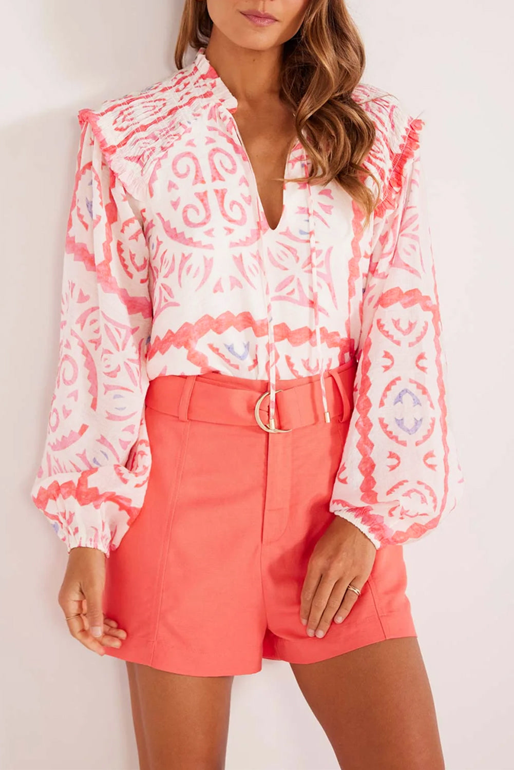 Desert Flower Vintage Print Smocked Poet Collar Billowy Blouson Sleeves Blouse eAura