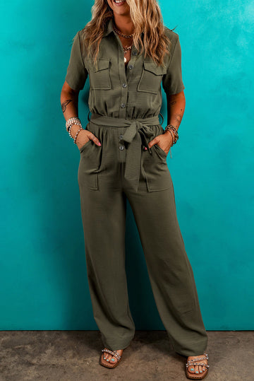 Moss Green Half Button Belted Utility Short Sleeve Jumpsuit eAura