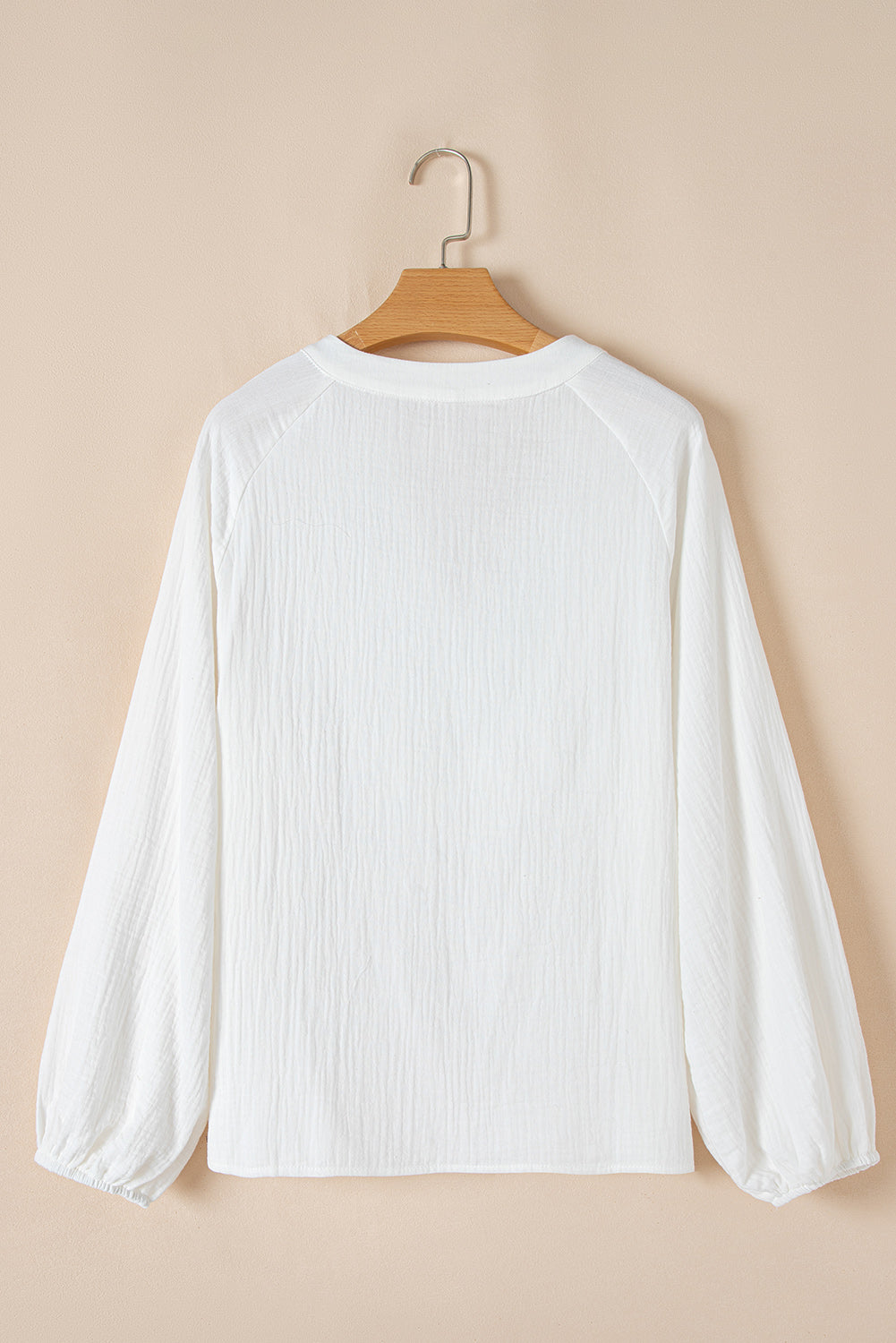 White Paisley Embroidered Textured Split Neck Long Puff Sleeve Blouse eAura