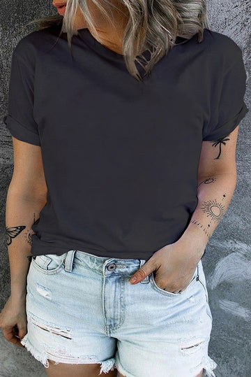 Black Round Neck Rolled Sleeve Plus Size T-shirt BB Fashion Outlet