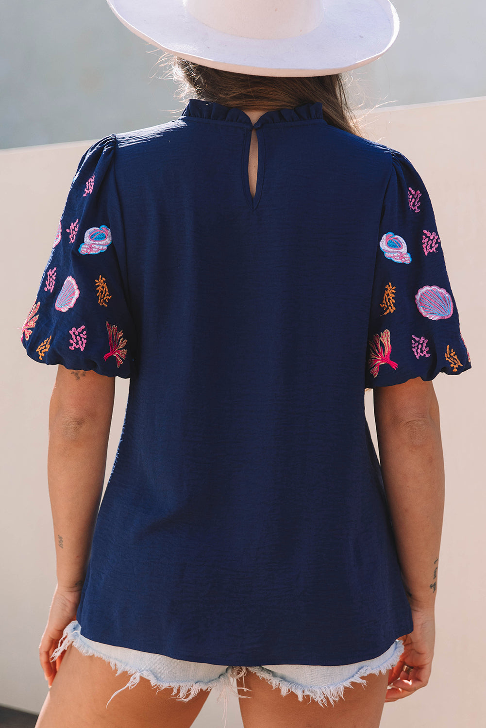 Sail Blue Shellfish Coral Embroidery Puff Sleeve Frilled Neck Blouse eAura