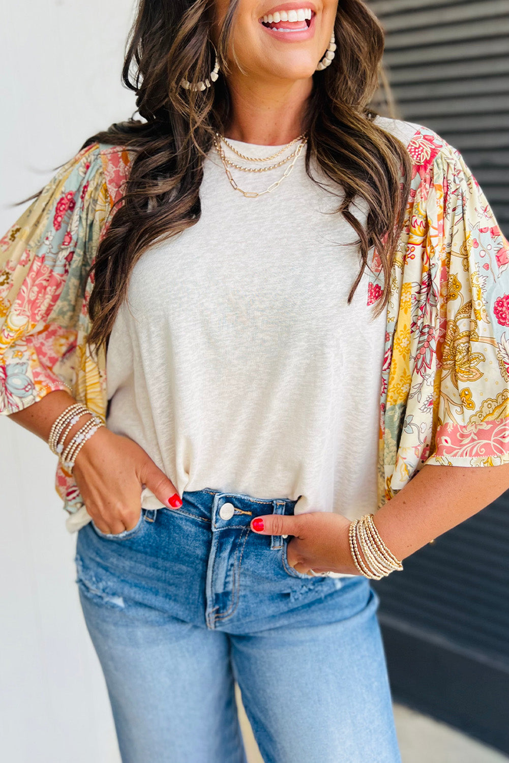 Beige Floral Patchwork Half Batwing Sleeve Blouse eAura