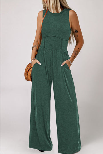 Blackish Green Cinched Waist Sleeveless Wide Leg Jumpsuit eAura