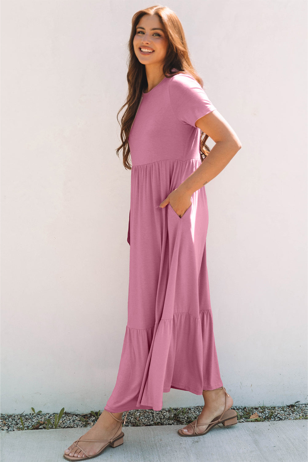 Pink Solid Colour T-shirt High Waist Pocketed Long Dress eAura