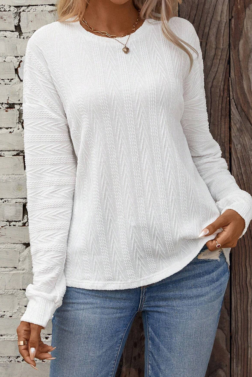 White Round Neck Drop Shoulder Textured Knit Top eAura