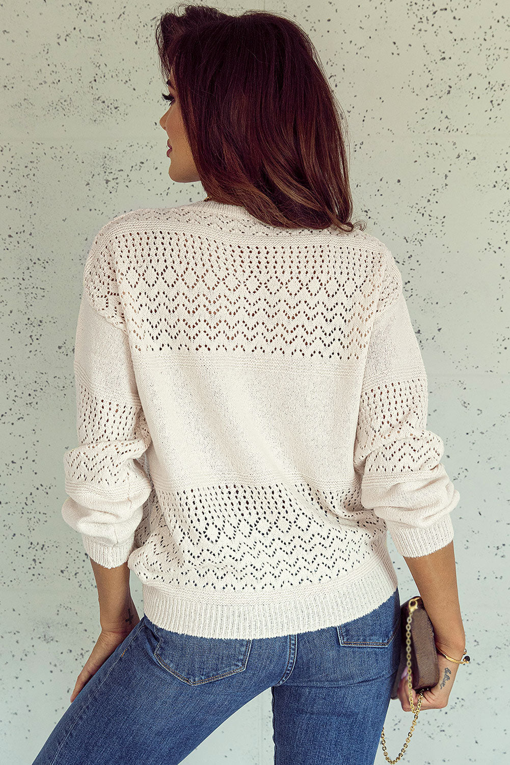 Black Eyelet Pattern Detail V Neck Drop Shoulder Sweater eAura