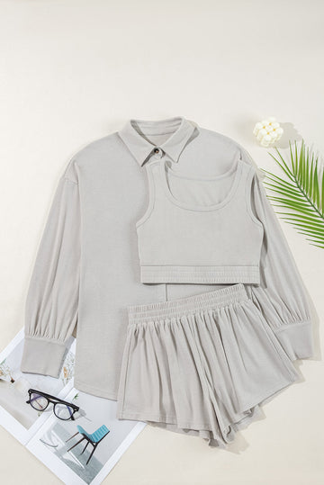 Grey 3 Pcs Crop Tank Top Shorts with Cardigan Lounge Set eAura