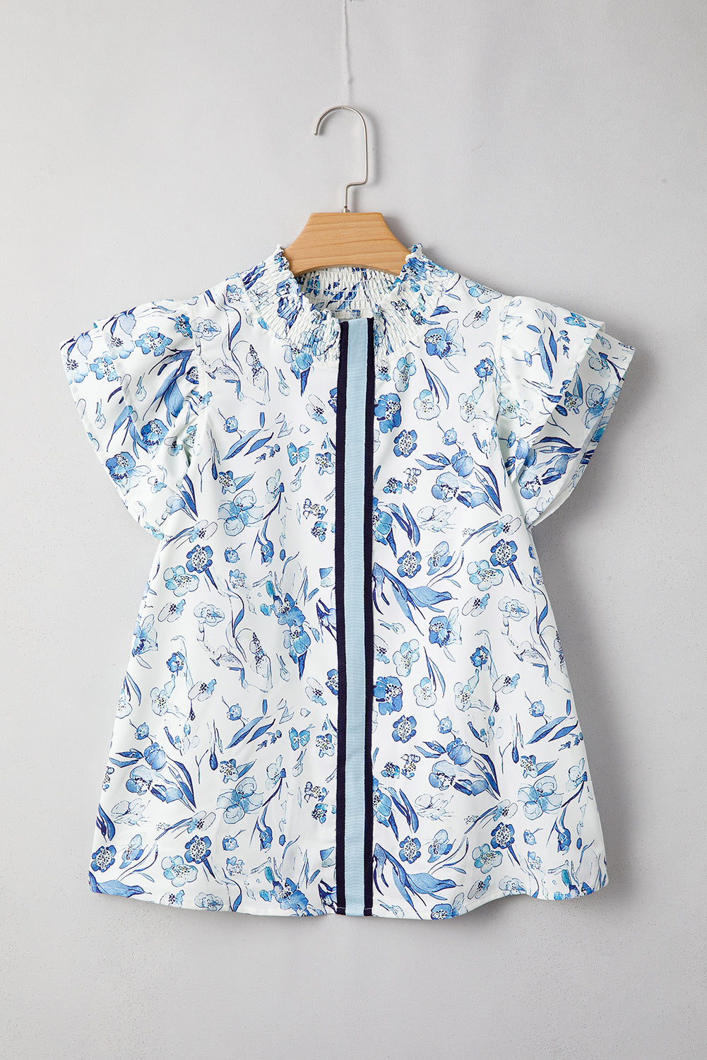 Sky Blue Floral Print Ruffled Short Sleeve Blouse eAura