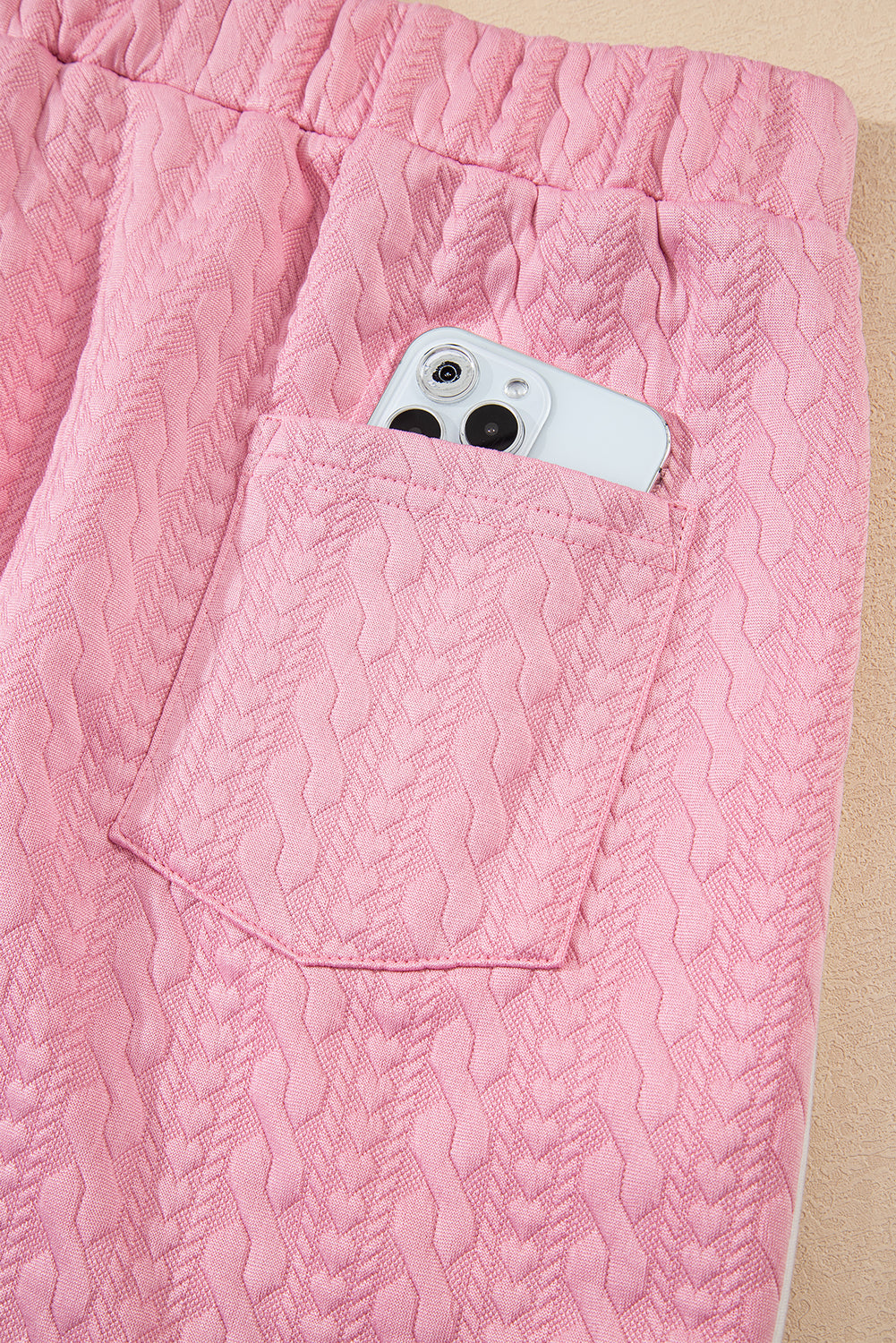 Pink Contrast Trim Textured Crewneck Tee and Pocketed Skirt Co-ord Set eAura