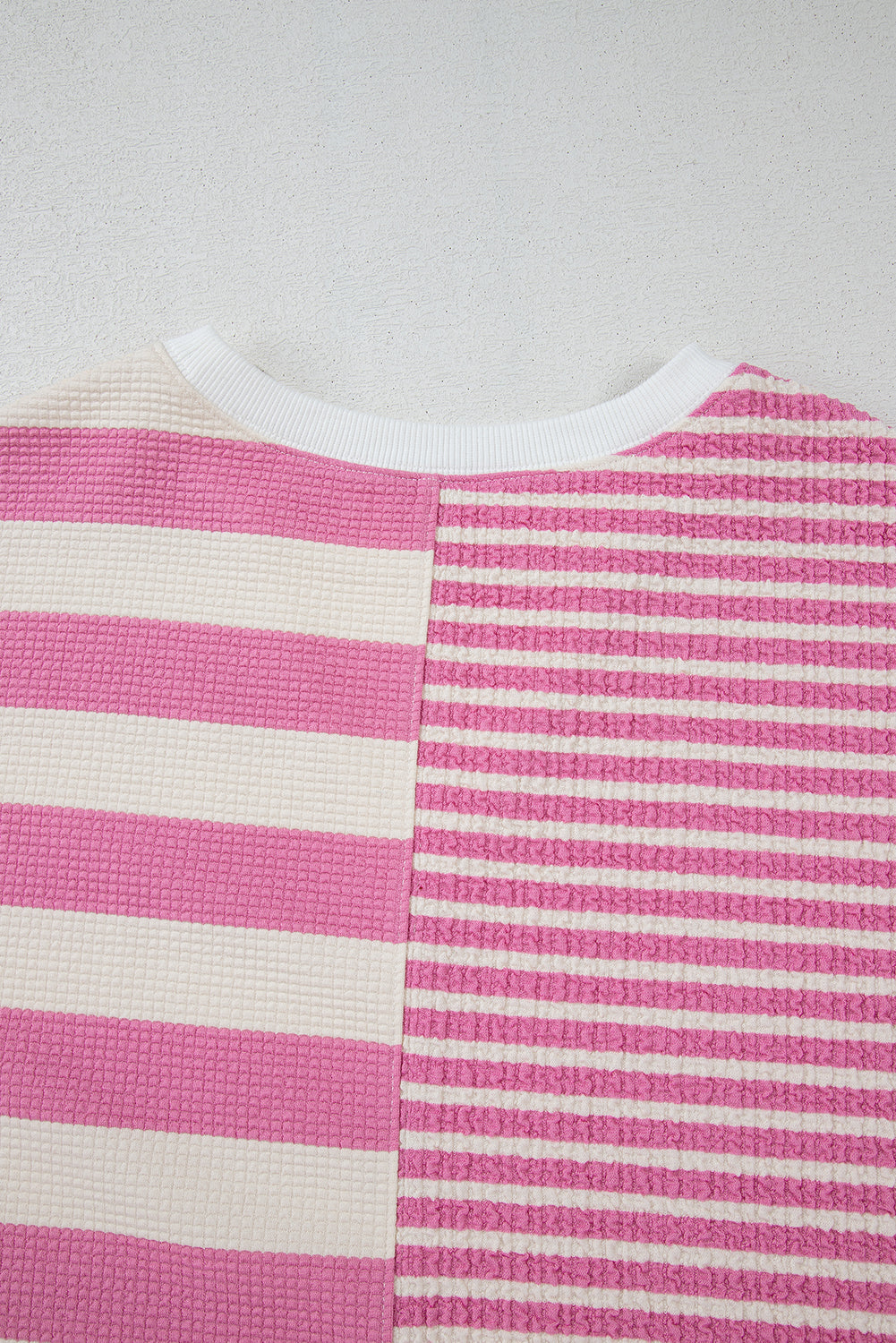 Pink Stripe Patchwork Textured Short Sleeve High Low Loose Top eAura