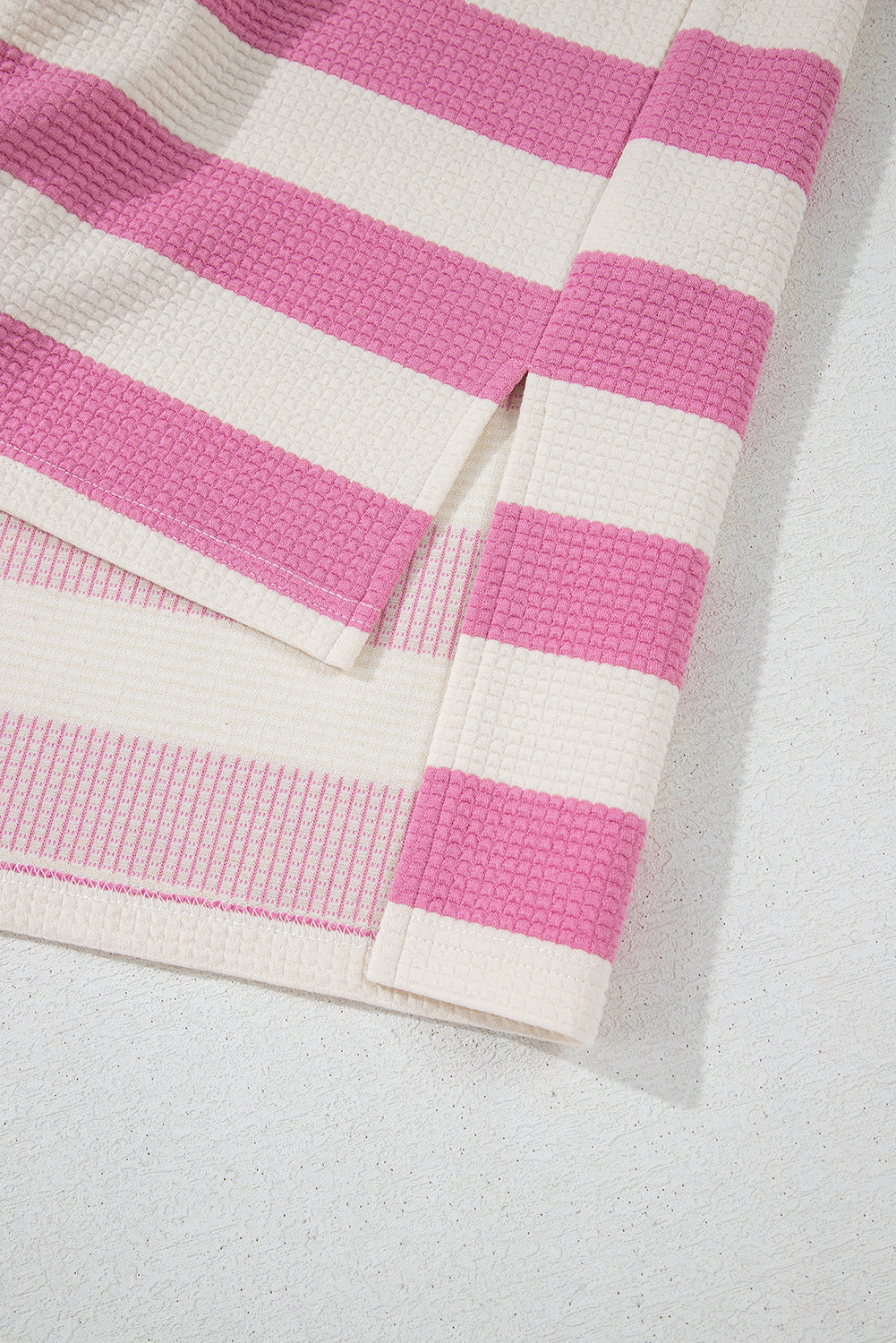 Pink Stripe Patchwork Textured Short Sleeve High Low Loose Top eAura