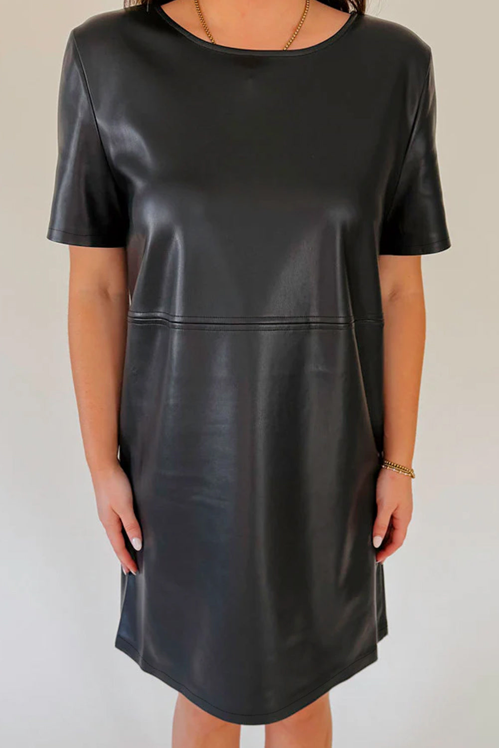 Black Faux Leather Loose T-shirt Dress eAura