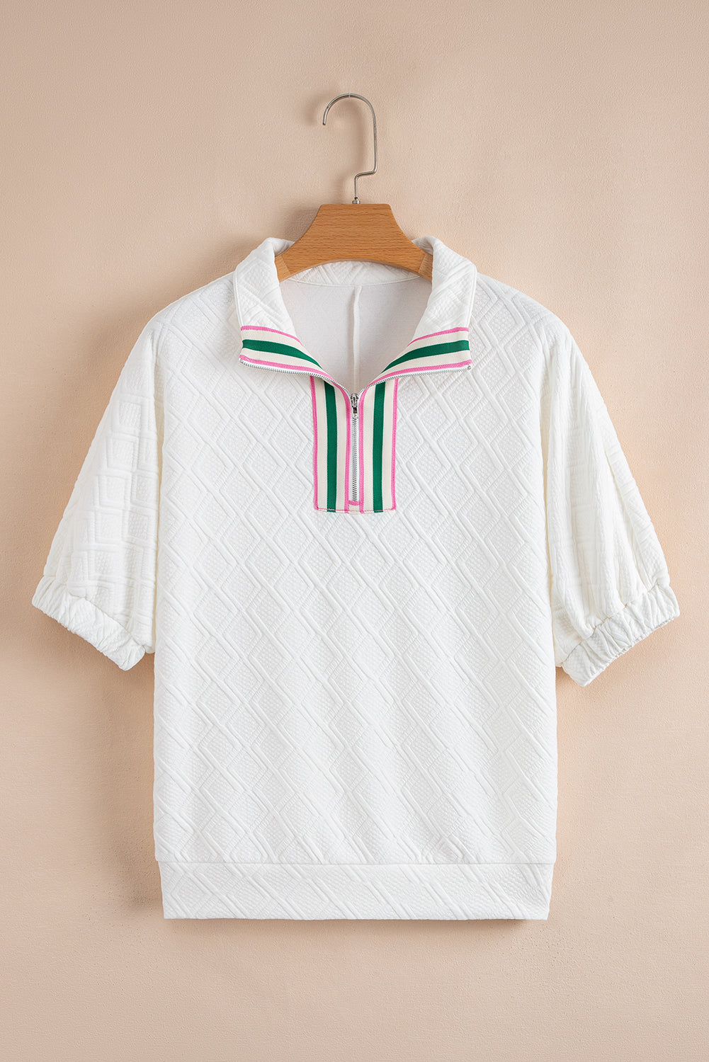 Contrast Striped Collar Patchwork Textured Half Sleeve Blouse eAura