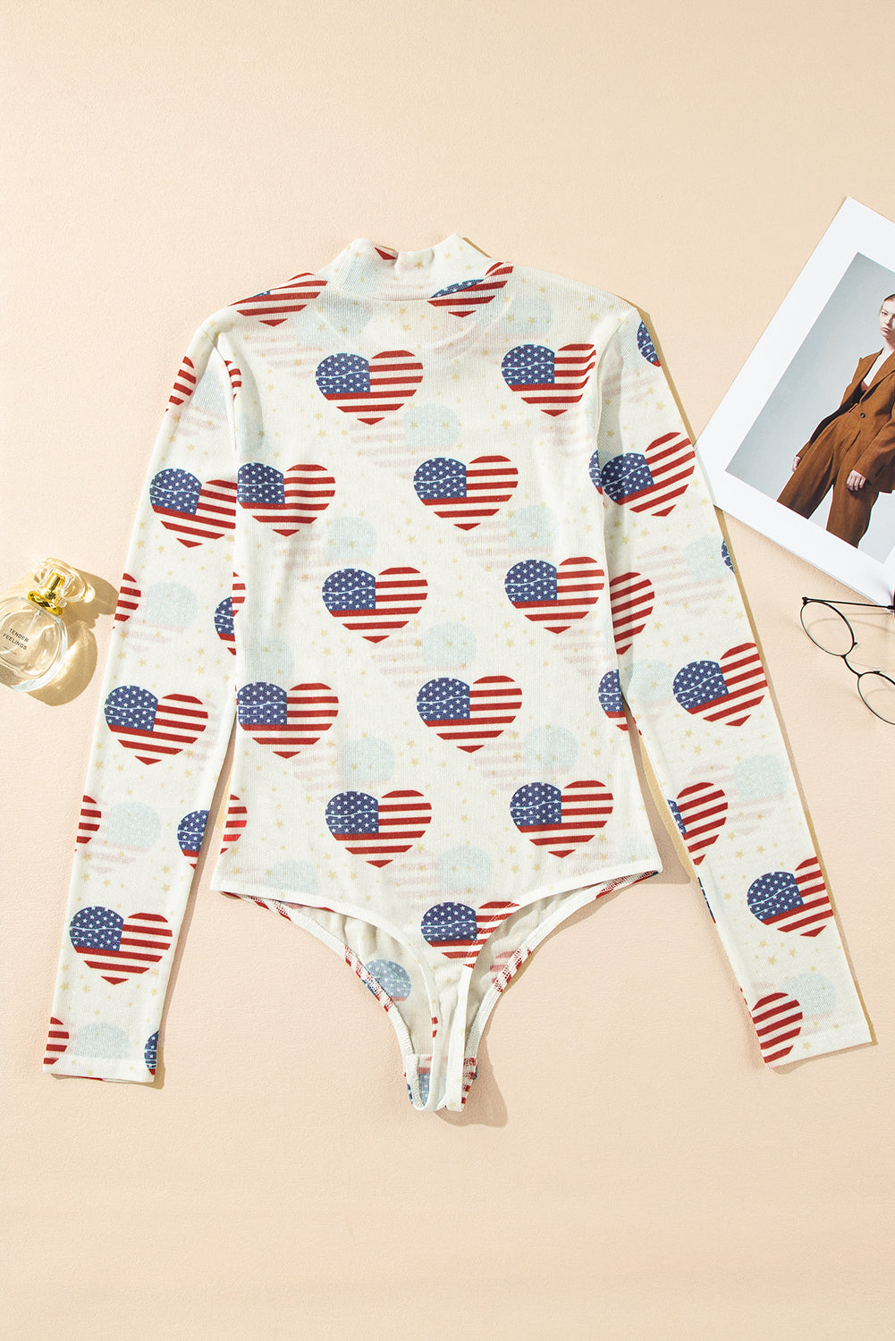 White Americana Glitter Mesh Long Sleeve Bodysuit eAura