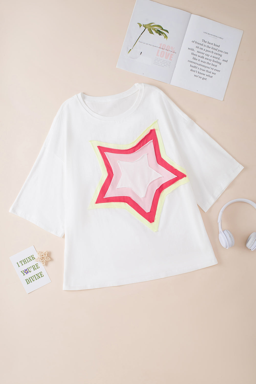 White Colourblock Star Patched Half Sleeve Oversized Tee eAura