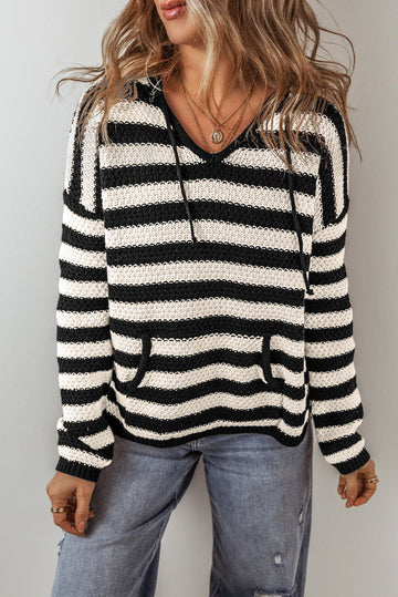 White Stripe V Neck Pocketed Drawstring Hooded Sweater eAura