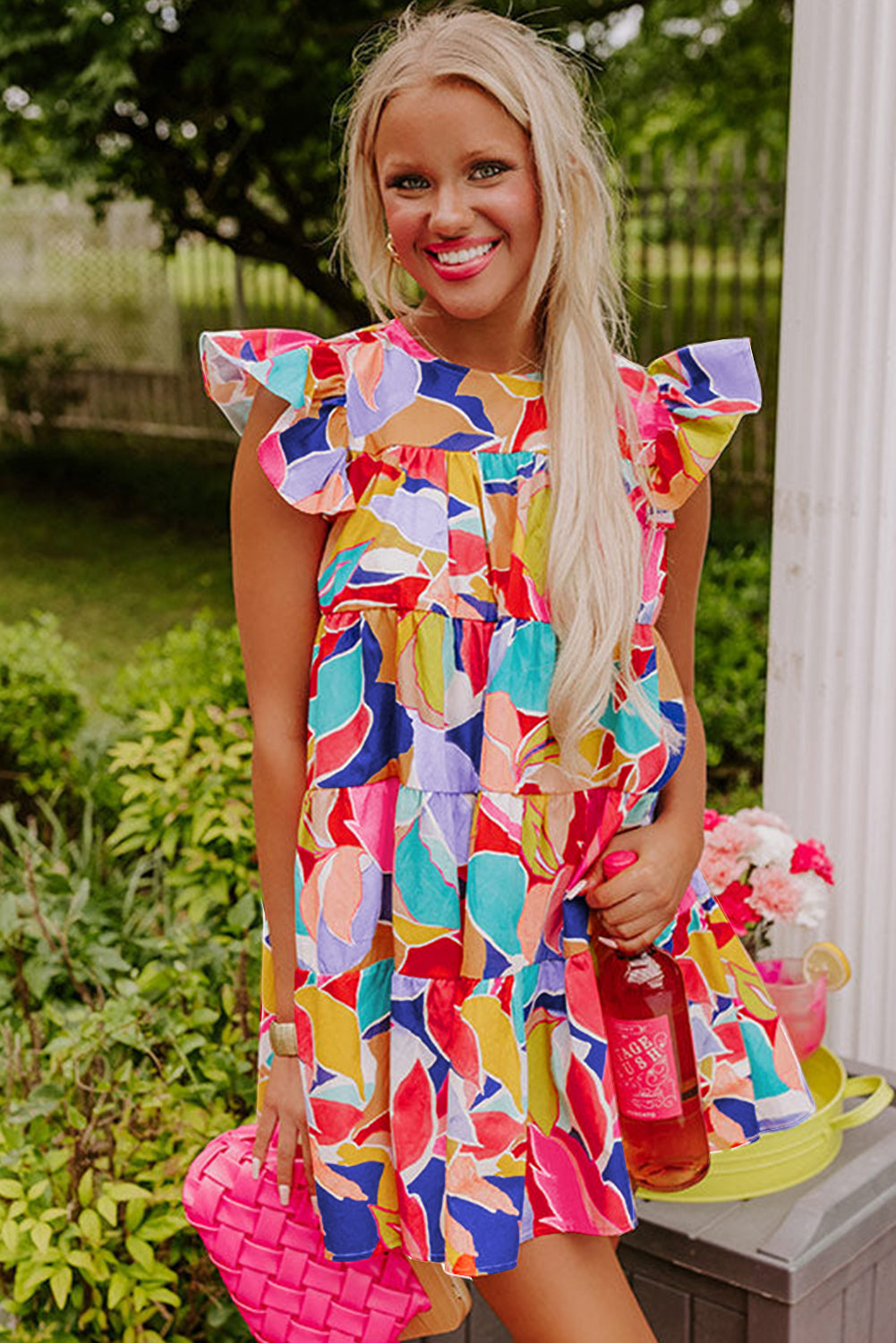 Pink Abstract Printed Ruffled Flutter Sleeve Tiered Mini Dress eAura
