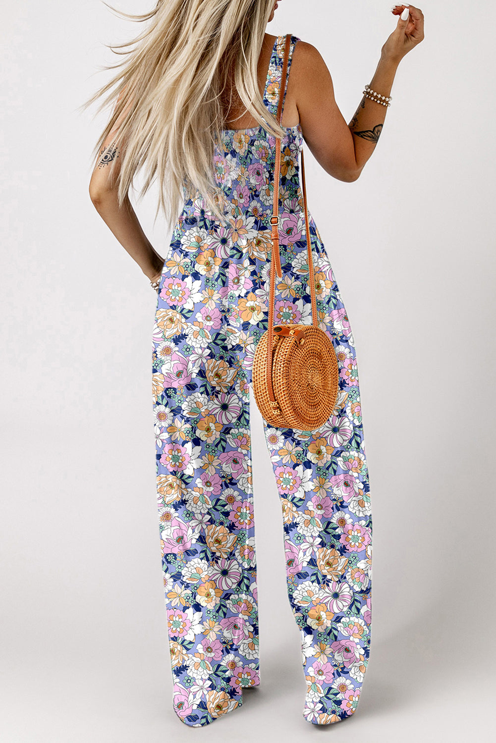 Floral Print Smocked High Waist Square Neck Jumpsuit eAura