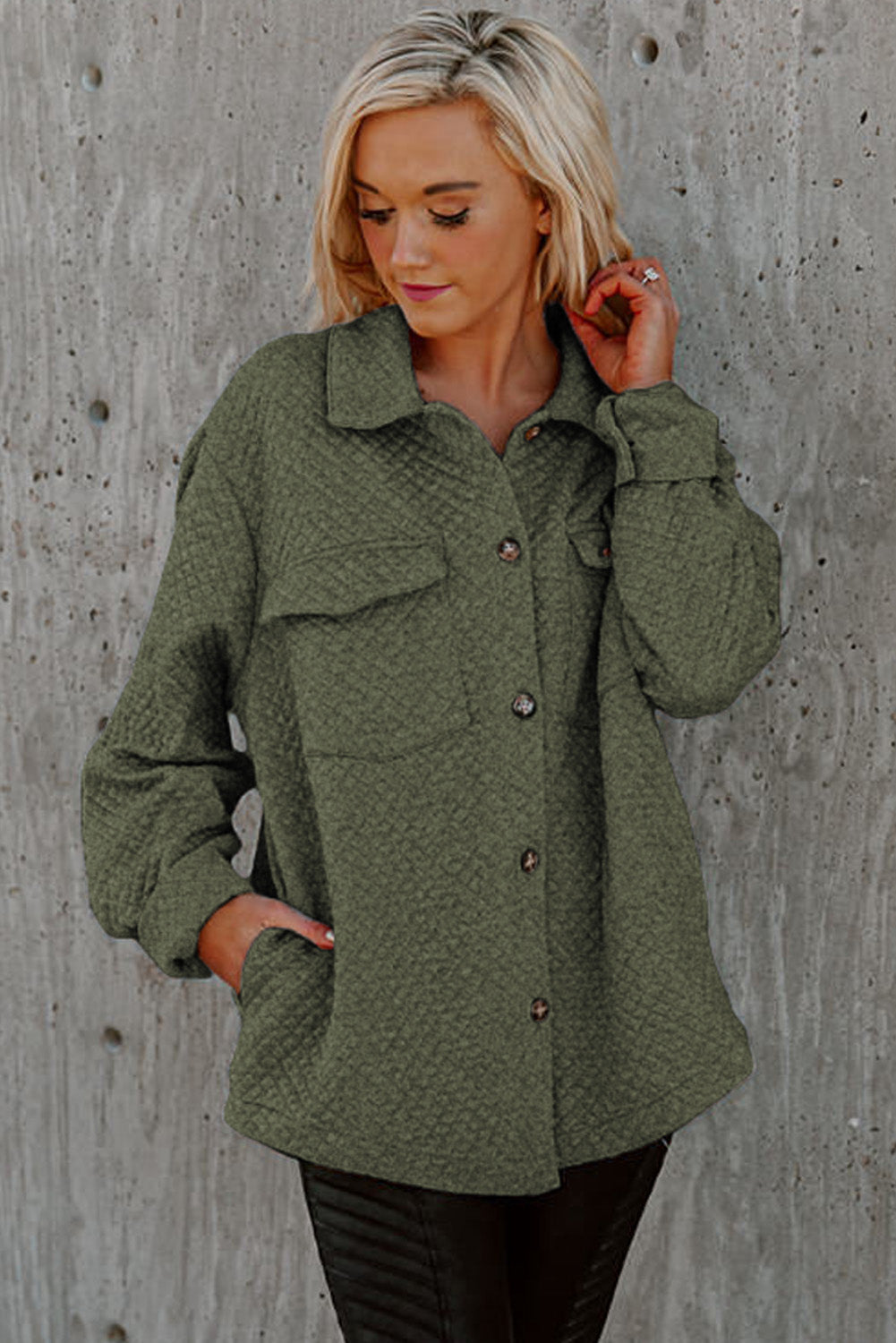 Green Retro Quilted Flap Pocket Button Shacket eAura