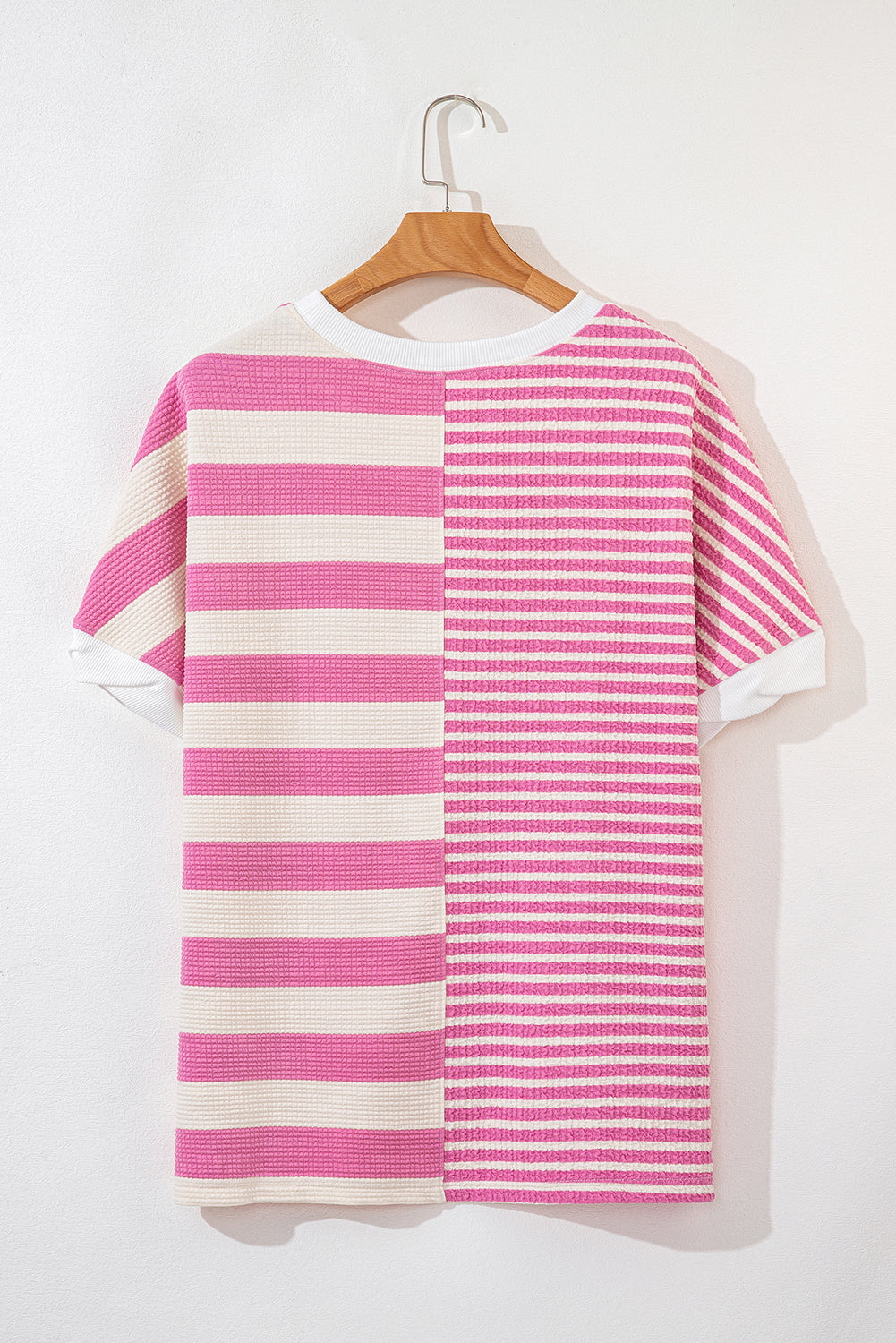 Pink Stripe Patchwork Textured Short Sleeve High Low Loose Top eAura