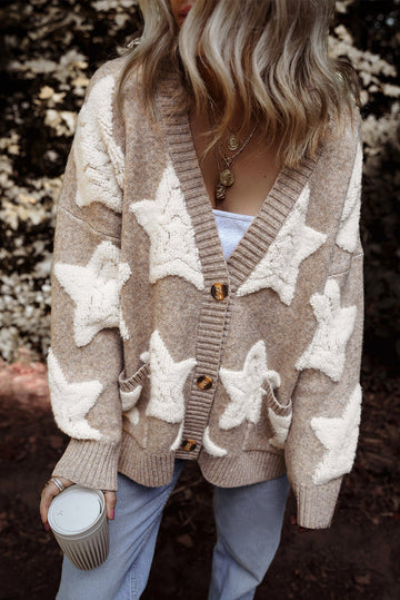 Sherpa Star Pattern Textured Sweater Cardigan with Pockets eAura
