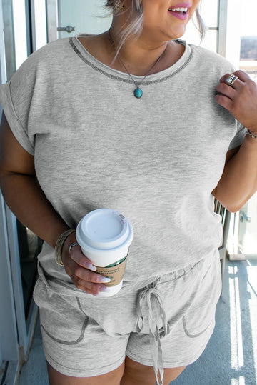 Grey Contrast Stitching Cuffed Sleeve Plus Shorts Set BB Fashion Outlet