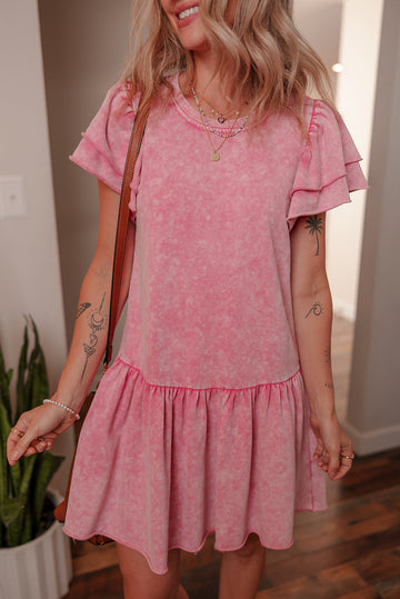 Sachet Pink Mineral Wash Raw Edge Ruffle Mini Dress eAura