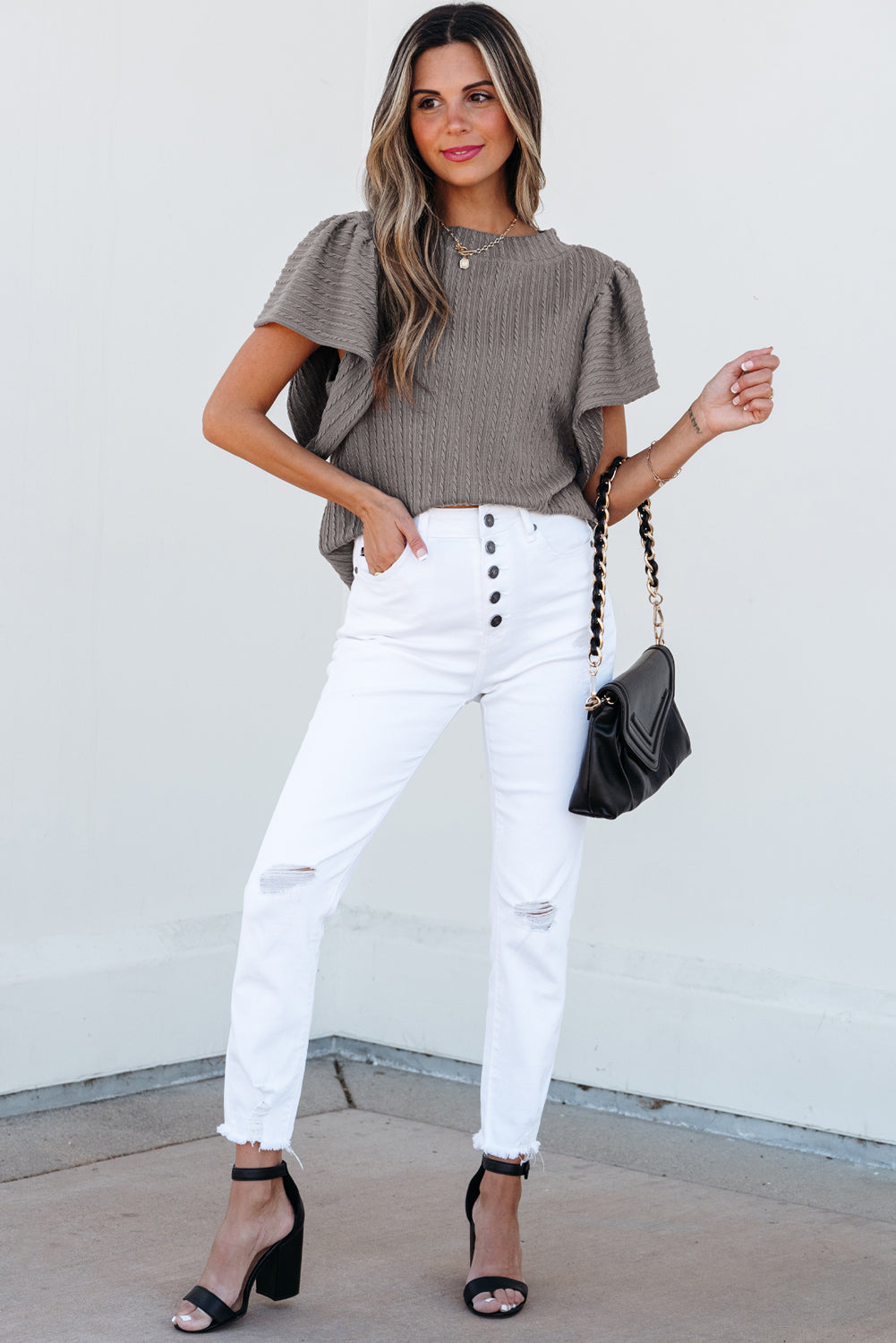 Sleet Solid Colour Textured Flutter Sleeve Top eAura