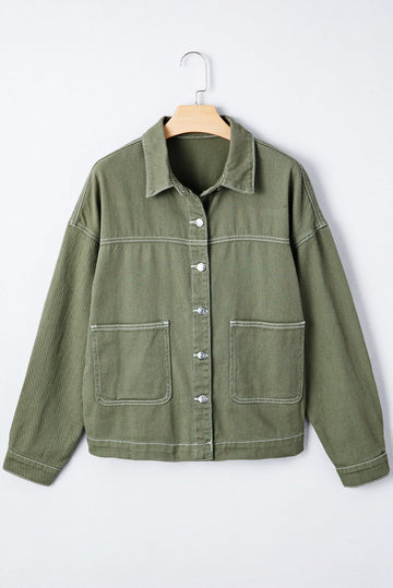 Patched Pocket Collared Button Front Boyfriend Denim Jacket eAura