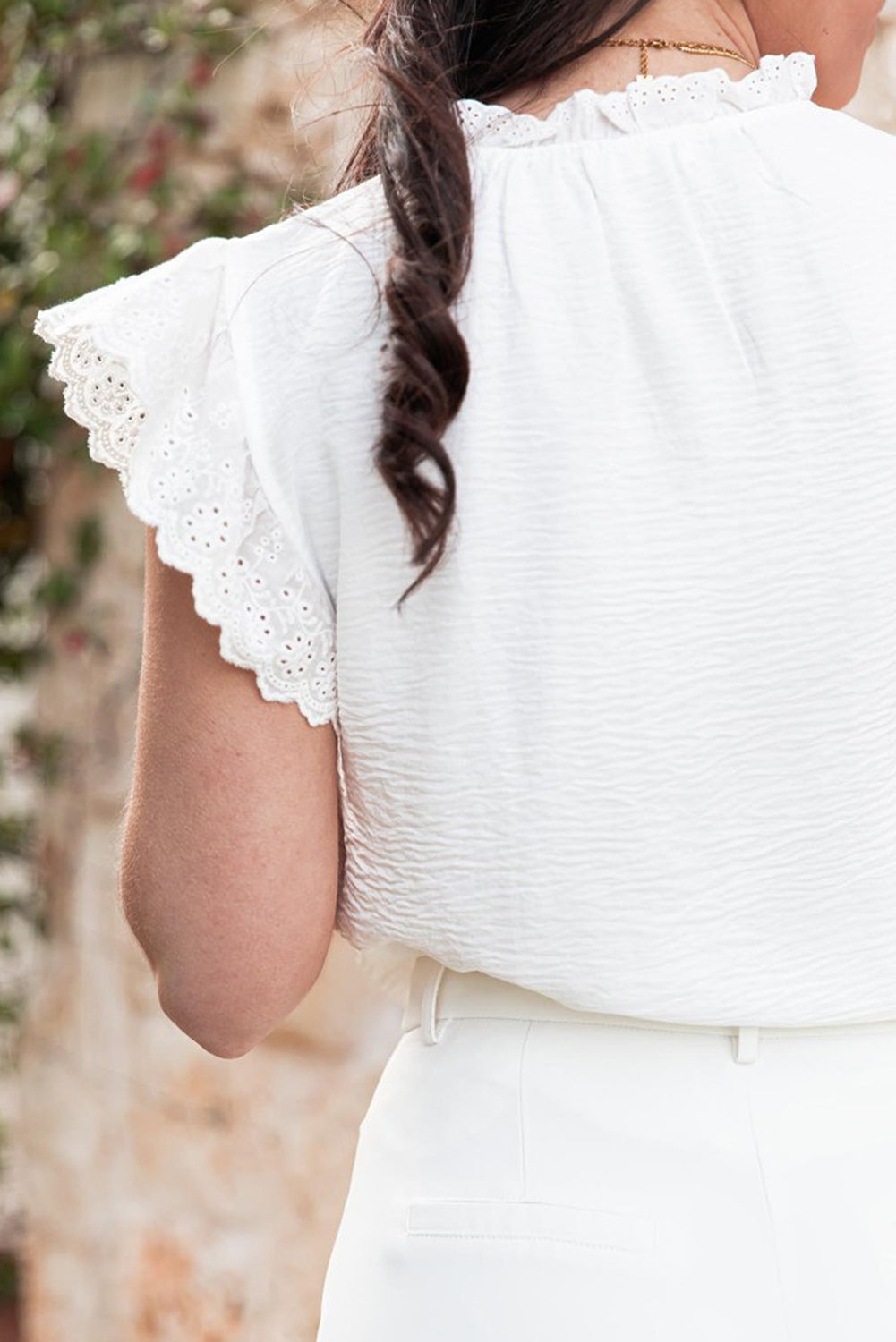 White Embroidered Ruffle Trim Textured Blouse eAura