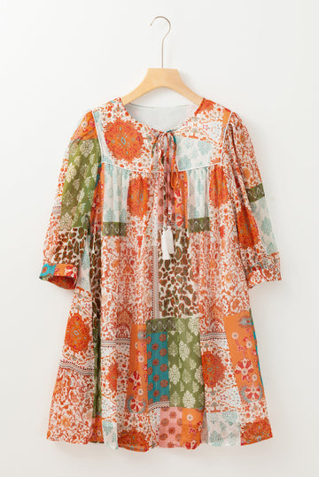 Orange Boho Paisley Mixed Print 3/4 Sleeve Chiffon Loose Dress eAura