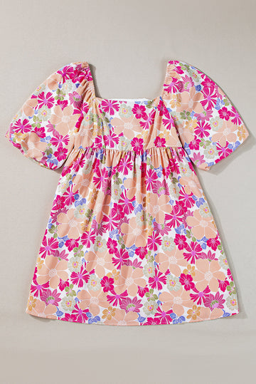 Rose Summer Floral Square Neck Puff Sleeve Babydoll Dress BB Fashion Outlet