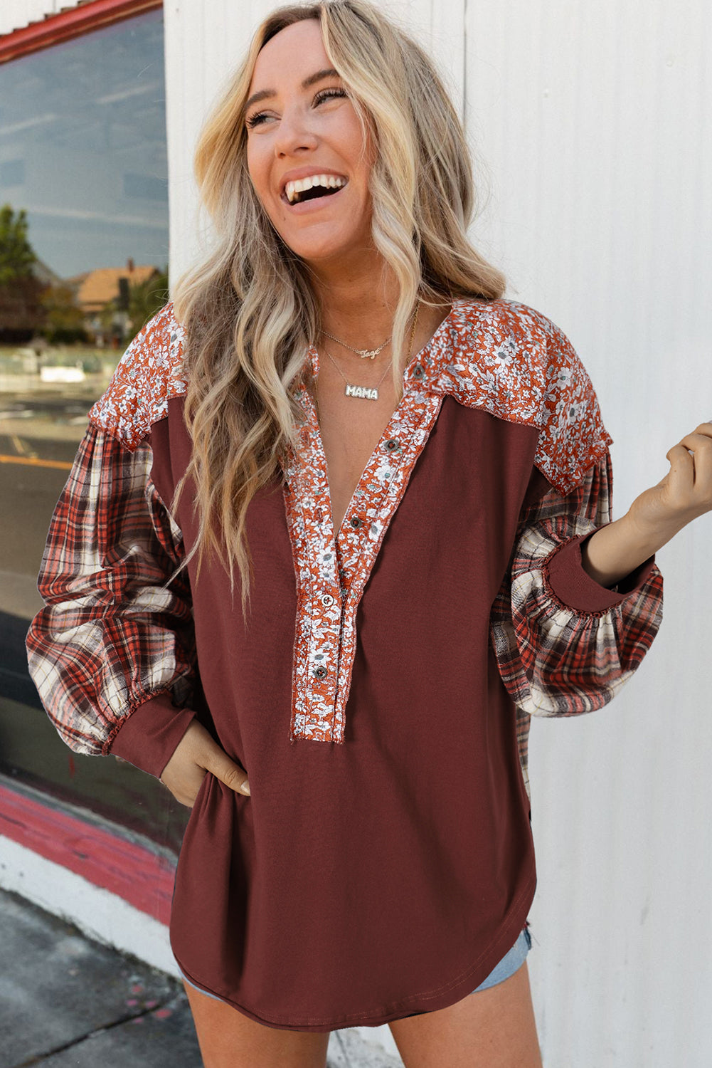 Fiery Red Floral Plaid Mixed Print Bishop Sleeve Patchwork Top eAura
